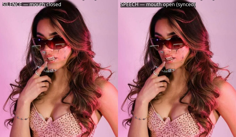 Left: silence segment, mouth closed. Right: speech segment, mouth open and synced to audio.