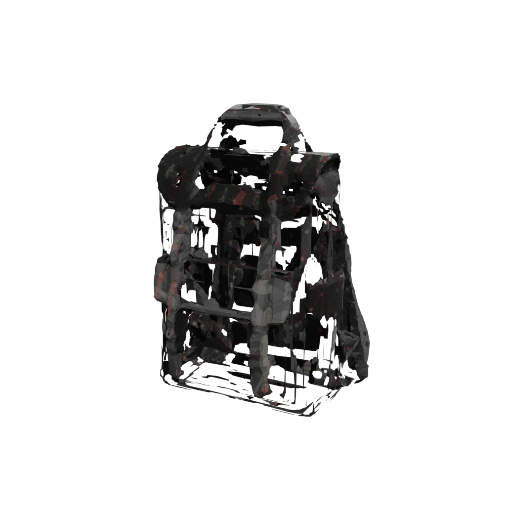 Broken 3D reconstruction of a backpack: shredded, torn texture over a hollow wireframe-like mesh