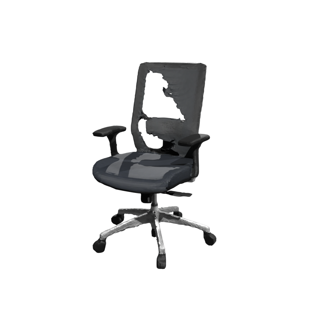 Render of a reconstructed mesh office chair; thin legs and casters resolved, mesh-weave back shows small reconstruction holes