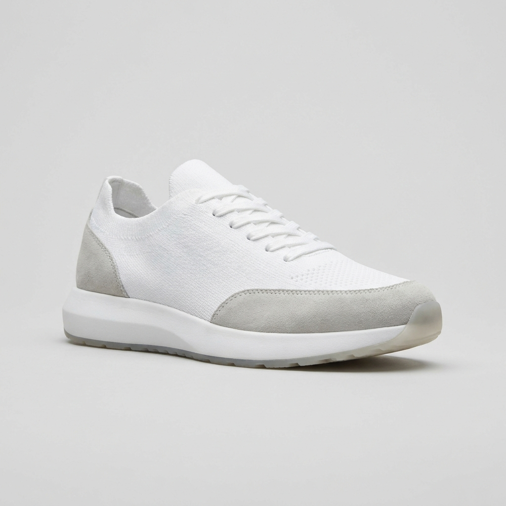 Input listing photo of a white knit runner sneaker on a neutral background