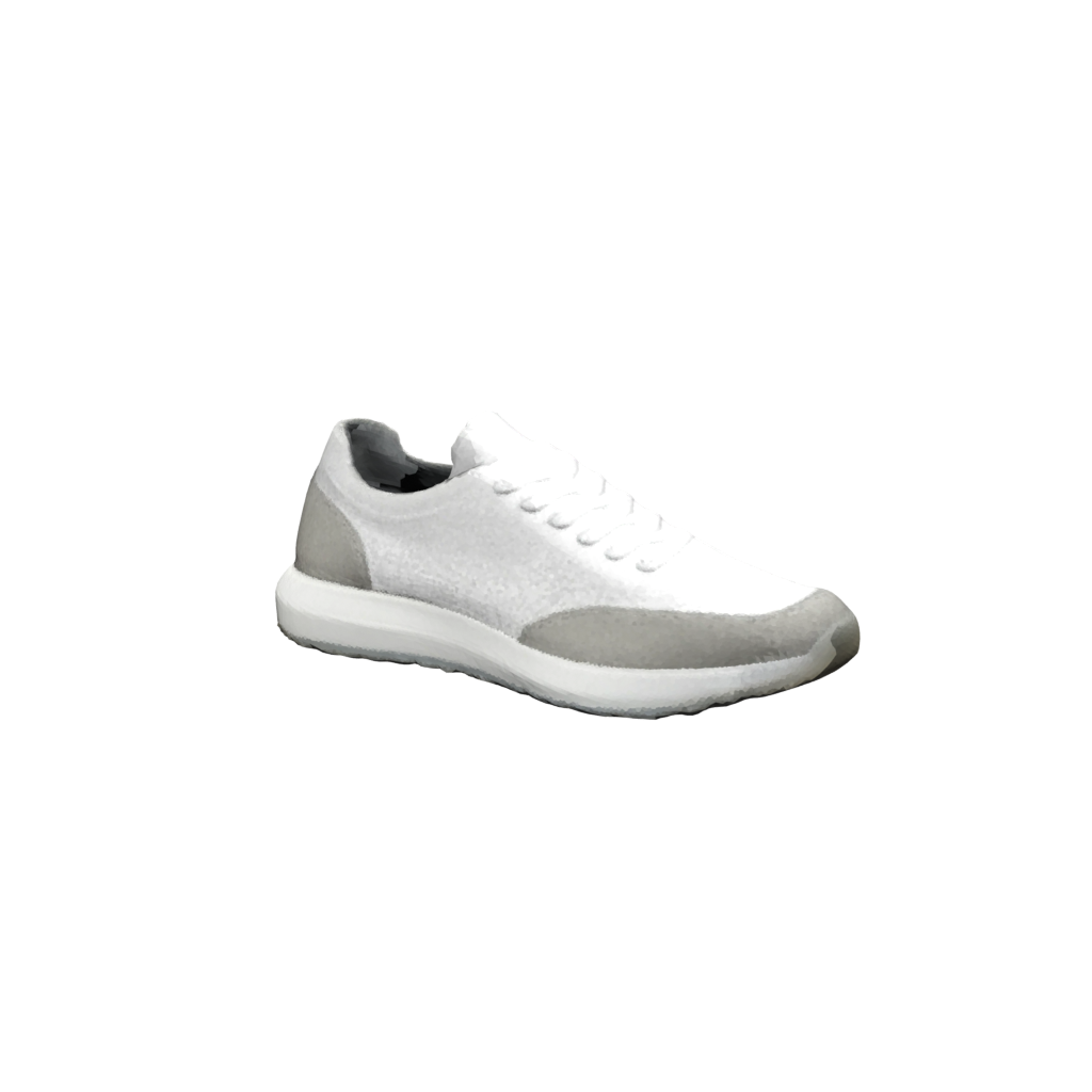 Color render of the reconstructed sneaker: white knit upper, grey suede, white EVA sole