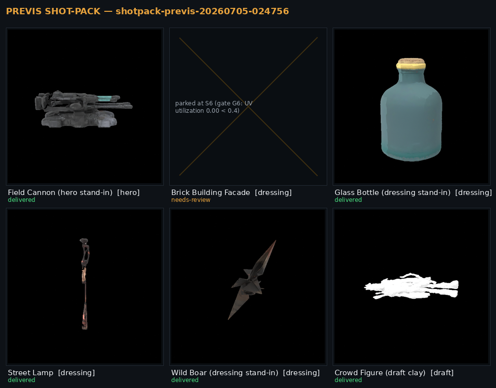 Contact sheet of the previs pack: field cannon hero, a parked brick-facade tile marked with an X, a glass bottle, a street lamp, a wild-boar dressing prop, and a white draft-clay crowd figure