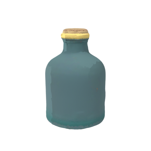 Textured render of a teal glass bottle with a tan cork