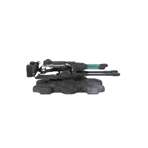Textured render of the field cannon hero prop: dark weathered metal with a teal barrel accent on a heavy base