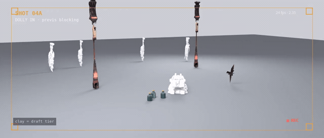 Looping previs blocking clip: the delivered props in a set with a dolly-in on the field cannon.