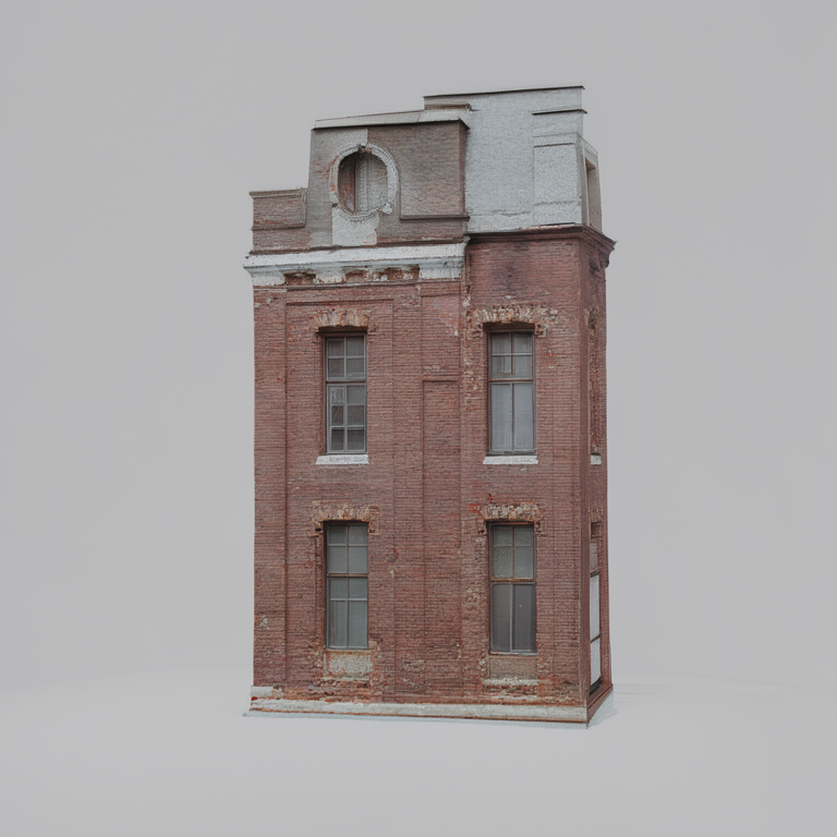 A photoreal concept image of a red-brick building facade with arched windows — the front-end concept that looked perfect before 3D reconstruction failed