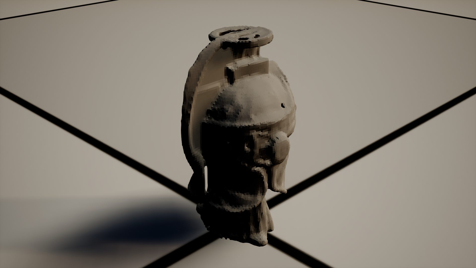 Unreal Engine 5.8 close-up render of the dense Nanite hero mesh, a knight-helmet-class prop, untextured geometry lane.