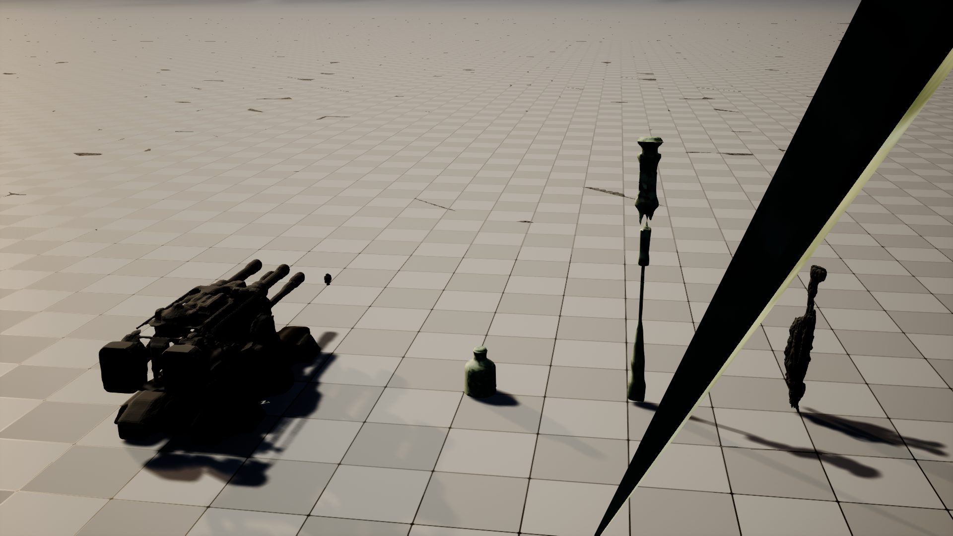 Unreal Engine 5.8 viewport render: the delivered previs props at true relative scale — field cannon, glass bottle, street lamp and crowd figure standing on a grid floor.