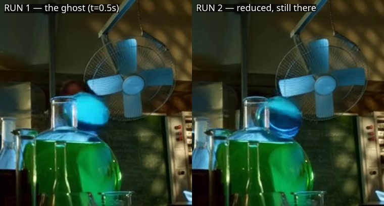 The ghost: in run 1 a soft blue smear of the removed subject persisted where he crouched behind glassware; run 2's fixes reduced it but the residue is visible.